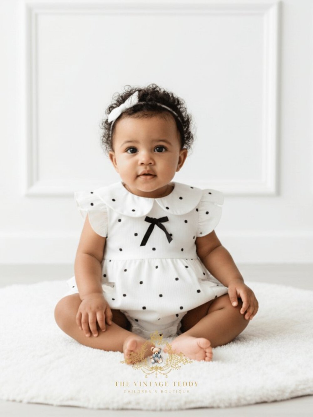 NWT Adorable Girls One-Piece Romper Bubble Ruffled Polkadots Black & White 9-12M